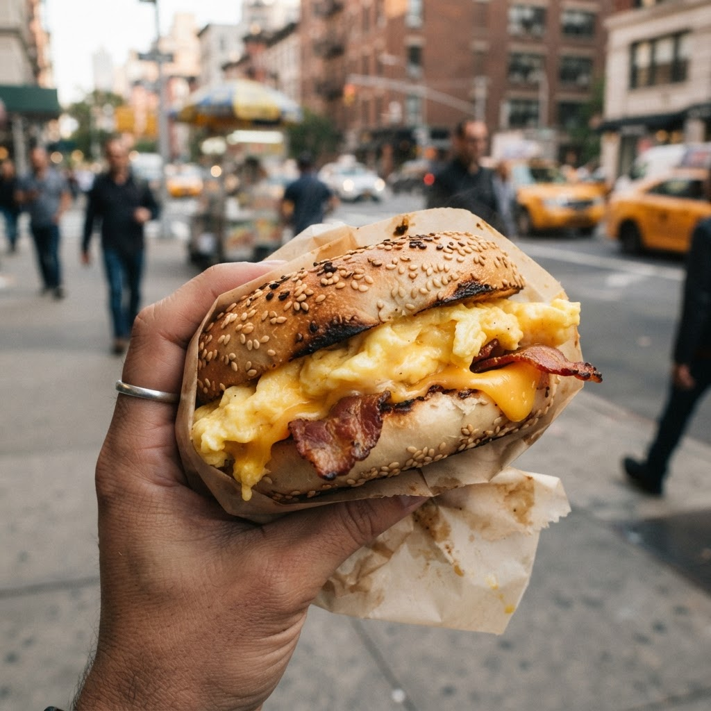 A NY-style bagel breakfast sandwich with egg, cheese and bacon