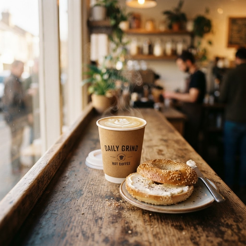 A cup of coffee beside a fresh bagel