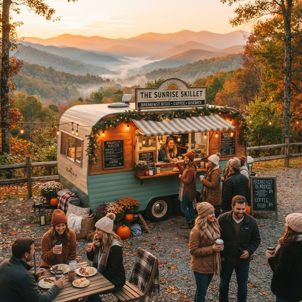 The Blue Ridge Breakfast Co. mobile trailer parked in the mountains at sunrise